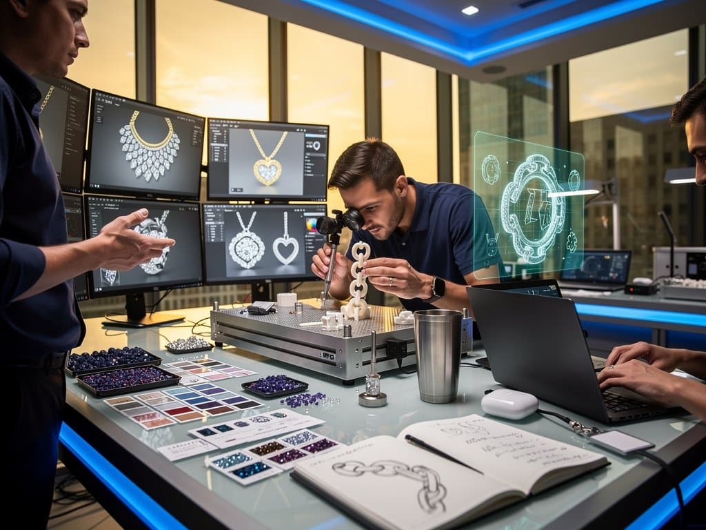 AI lab displays generative designs of luxury pavé necklaces on monitors amid gem swatches and tech equipment