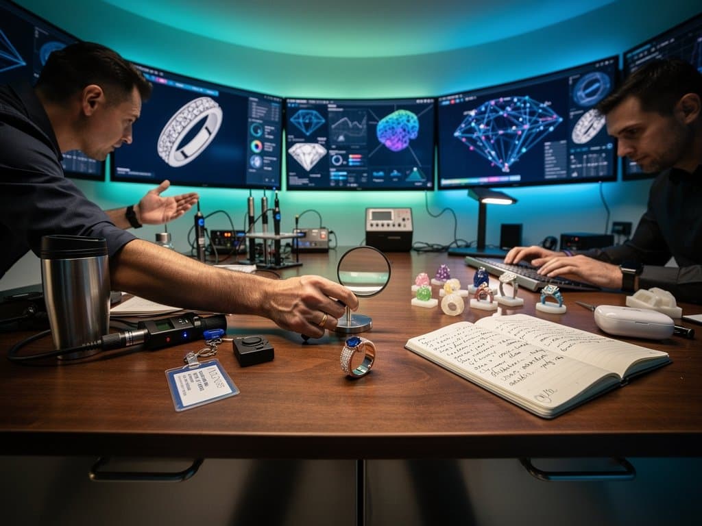 High-tech jewelry lab with 3D ring renders, AI gem analysis screens, smart ring prototypes, blockchain charts, and holographic projections