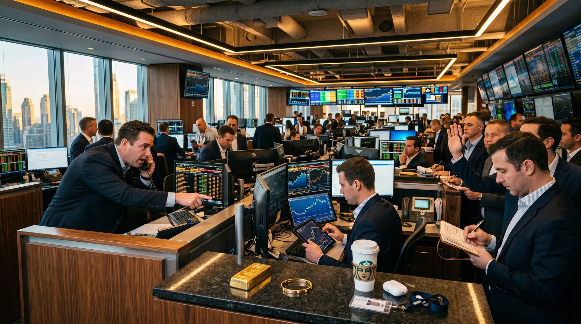 Trading desk with gold jewelry, crypto charts on Bloomberg terminal, and skyline view