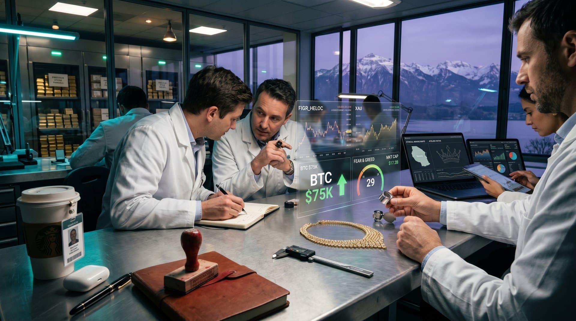 Jewelry analysts verify gold provenance on blockchain screens amid bullion and tools in luxury lab