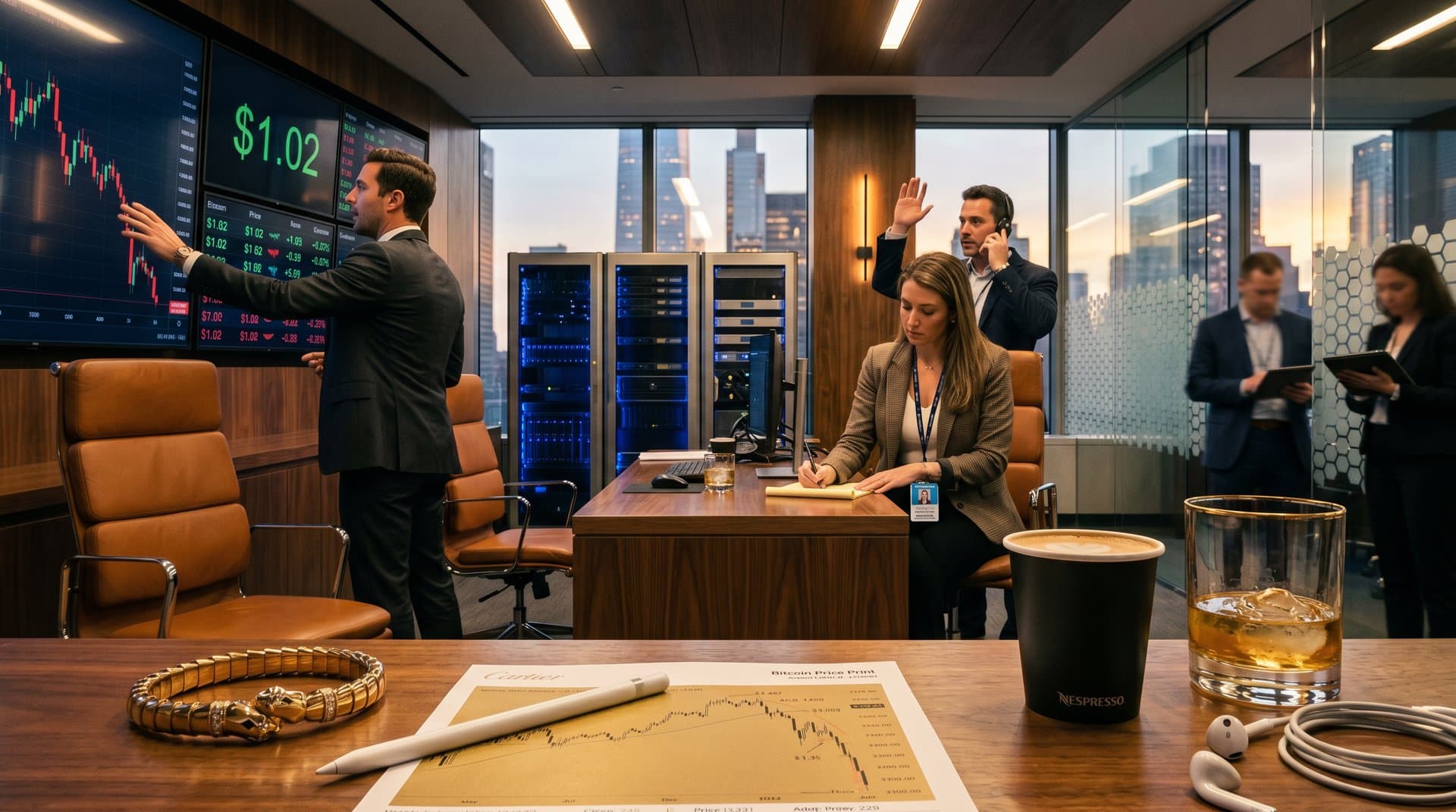 Trading floor terminals display Bitcoin dip and stable gold-backed cryptocurrency charts with jewelry elements amid market activity