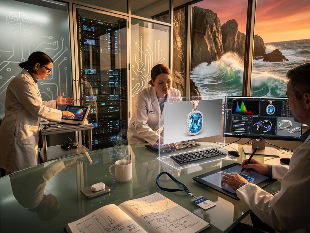 UMaine AI lab screens display 3D custom coastal Maine-inspired luxury necklaces with aquamarine and sapphire gems