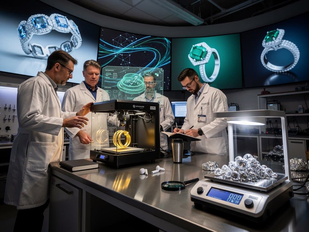 University of Maine lab screens show AI-generated custom bridal jewelry designs with 3D printers and gemology tools