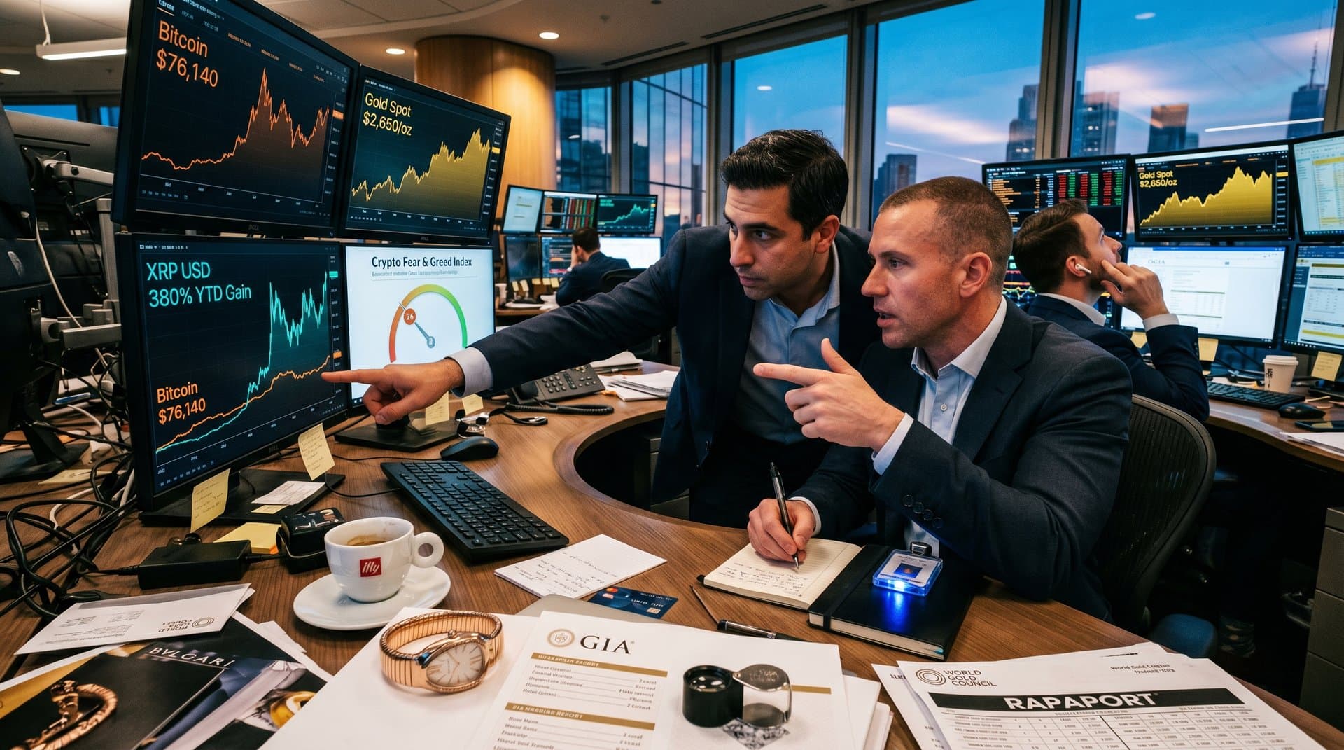 Screens display XRP outperforming Bitcoin and gold prices on luxury finance trading desk