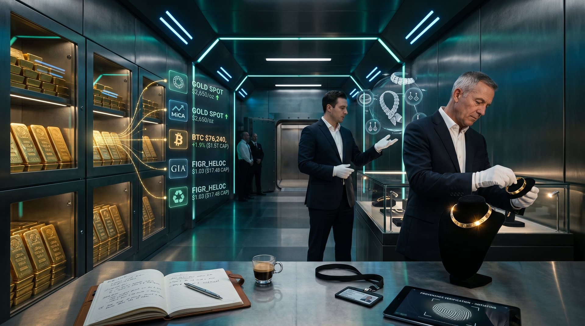 Luxury gold jewelry and bullion with gold-backed cryptocurrency charts in a high-end vault