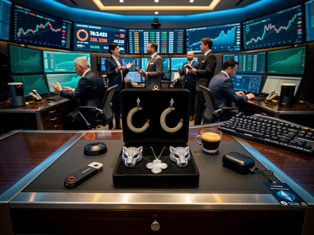 Trading floor with crypto charts at BTC $76K, Fear & Greed 29, and luxury diamond earrings display