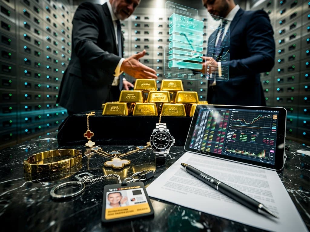 Luxury gold jewelry vault with FIGR_HELOC crypto charts and blockchain elements highlighting market stability