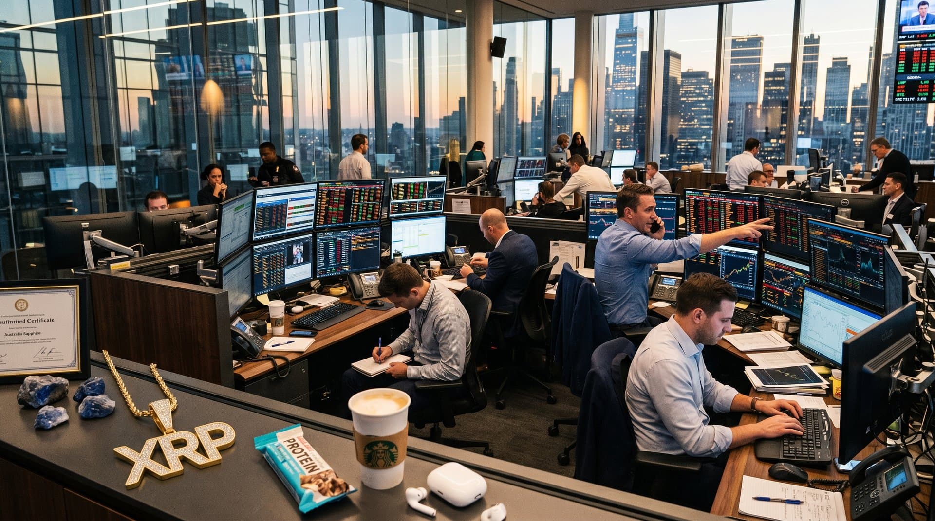 Crypto charts on trading desk beside 18k gold XRP necklace pendant with pavé diamonds