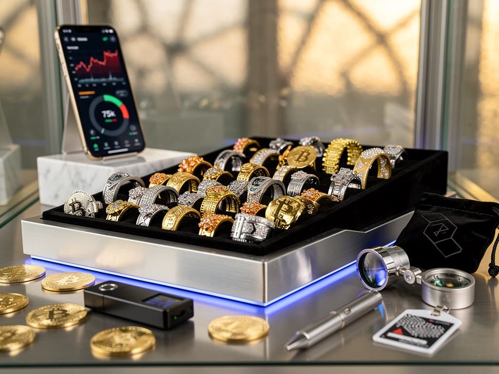 Crypto-themed luxury jewelry sets with Bitcoin rings, lab-grown diamonds, and NFC chips beside BTC price chart at $75K