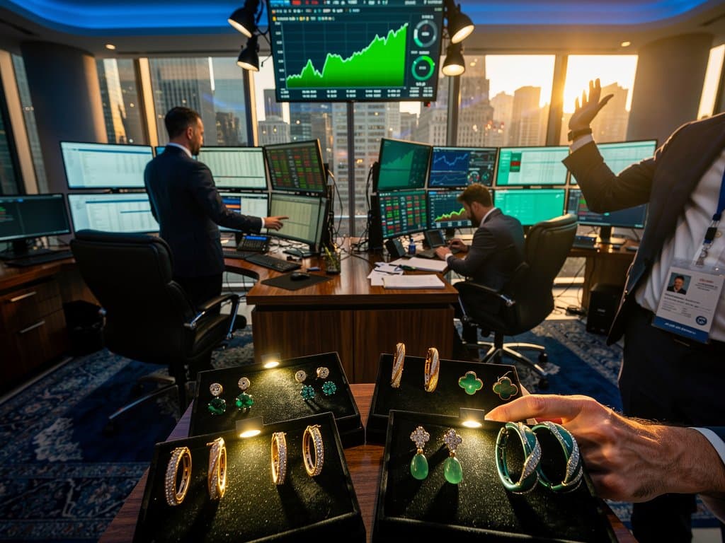 Trading screens display XRP at $1.43 charts with luxury earrings like pavé diamonds and gold hoops on desk amid financial tools