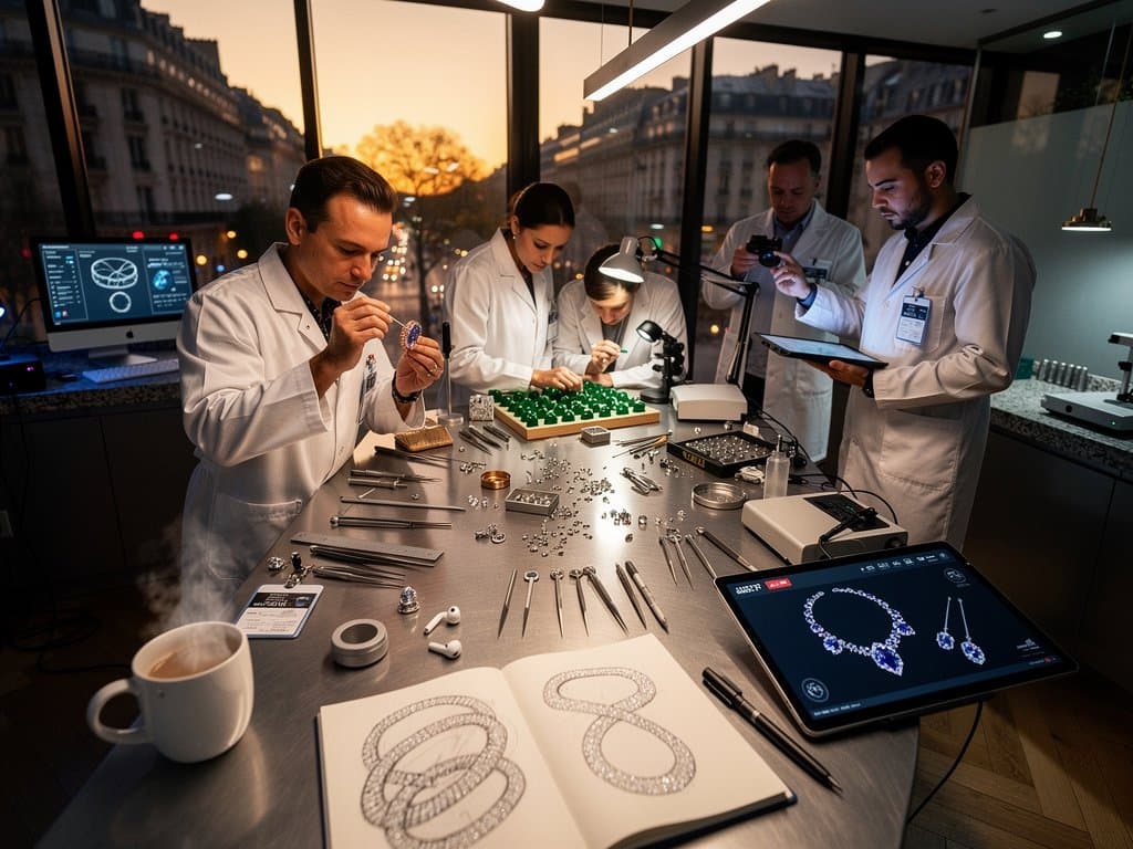 LVMH Paris studio: AI jewelry renders on monitors amid prototypes, gem trays, and design tools under lights