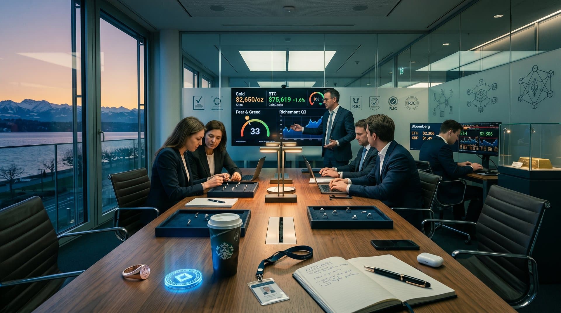 Geneva boardroom with bridal jewelry prototypes, gold charts, BTC at $75,619, and crypto bill data