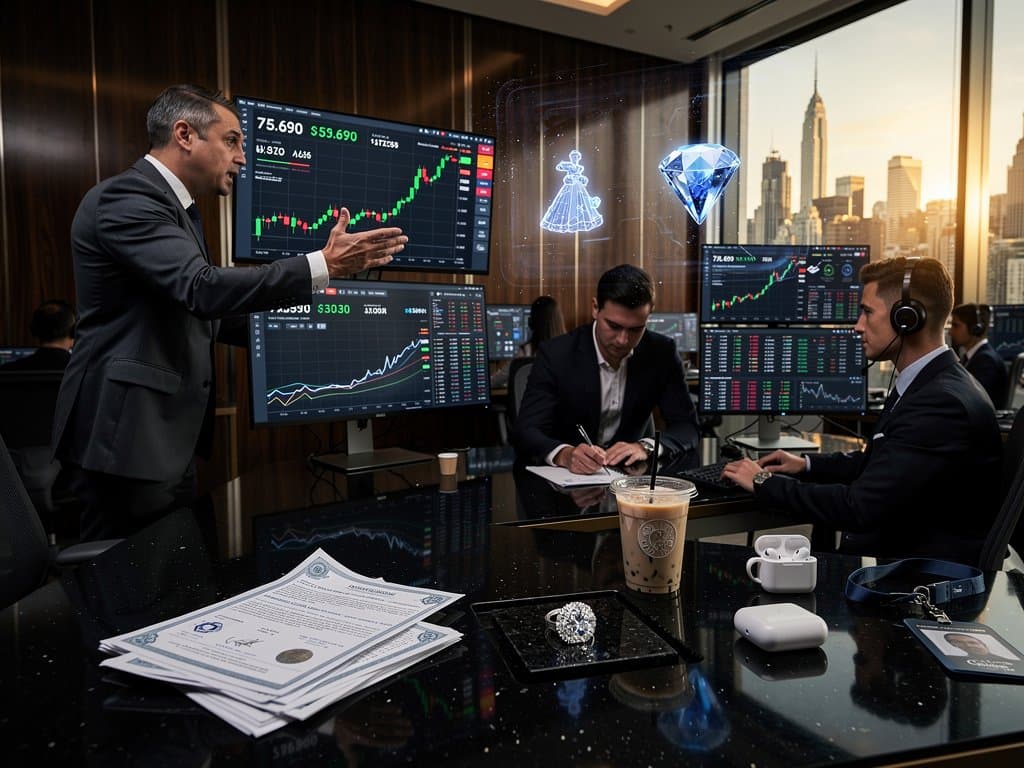 Trading screens show BTC and ETH charts with tokenized diamonds, elegant bridal ring in foreground on finance desk