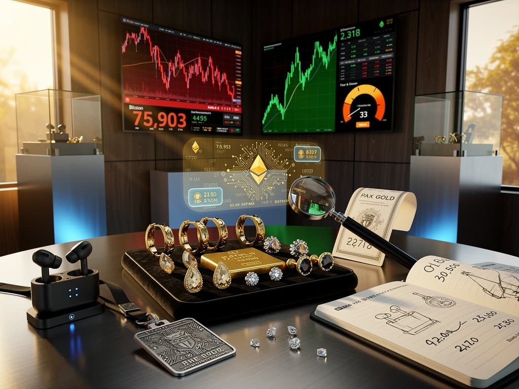 Luxury gold earrings beside tokenized gold bar and crypto charts showing Bitcoin price drop