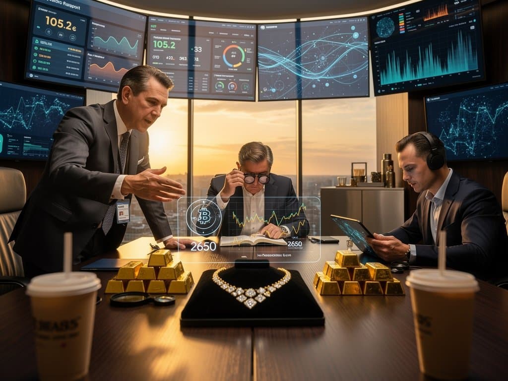 18k gold diamond necklace beside holographic BTC $75,786 chart and Fear Index 33 in luxury tech boardroom