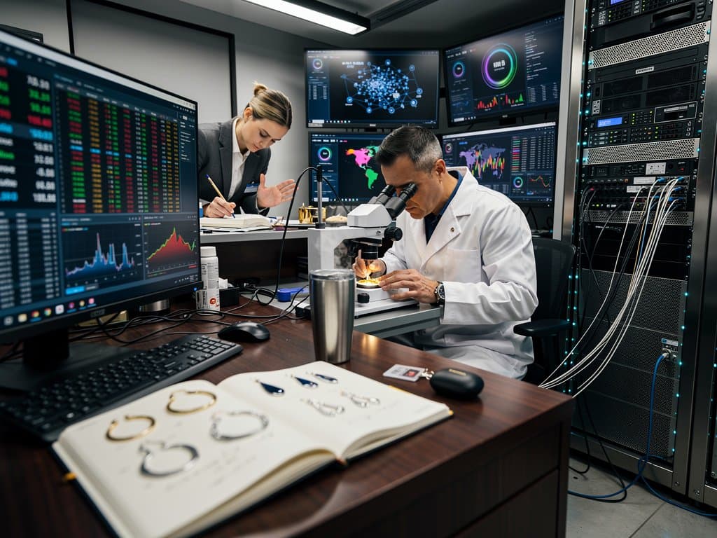Jewelry studio with Bloomberg BTC charts at $75K, 18-karat gold earring sketches, AI provenance tech, lab-grown metal samples under RJC standards.
