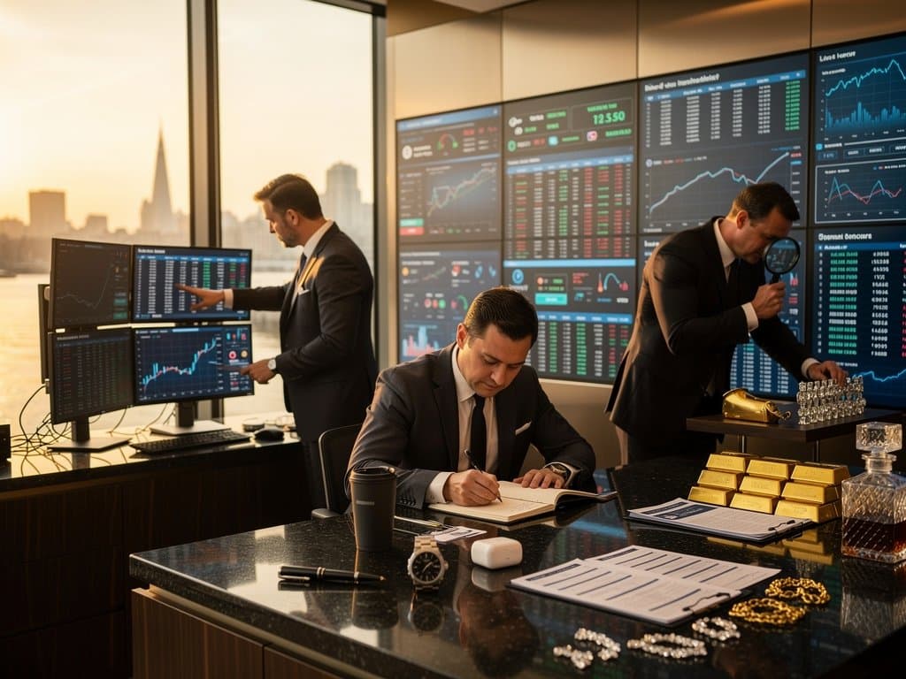 Trading screens show BTC at $76K, gold charts, and Fear & Greed at 33 with jewelry supply chain elements