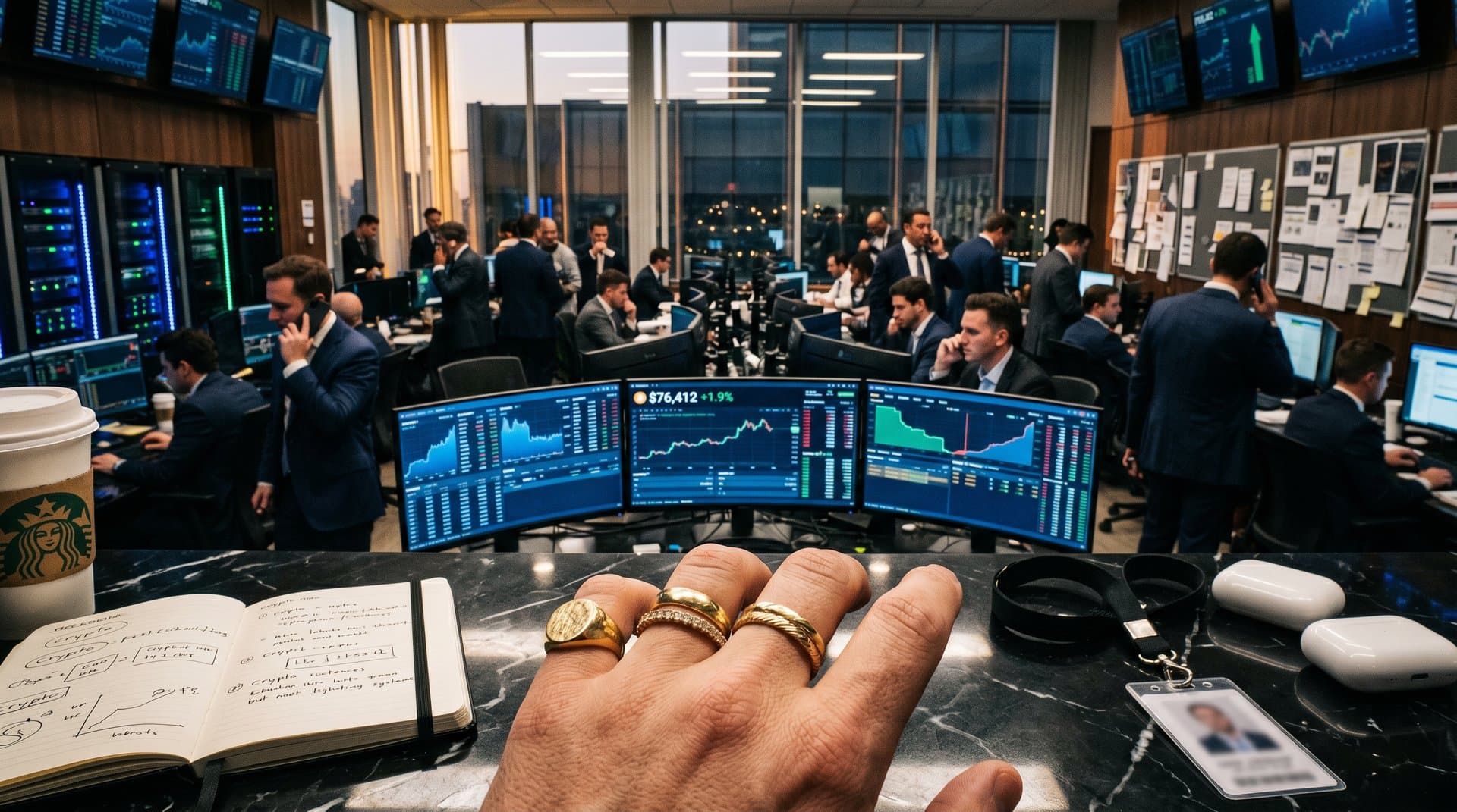 18K Bitcoin gold rings beside $76K BTC chart in trading setup