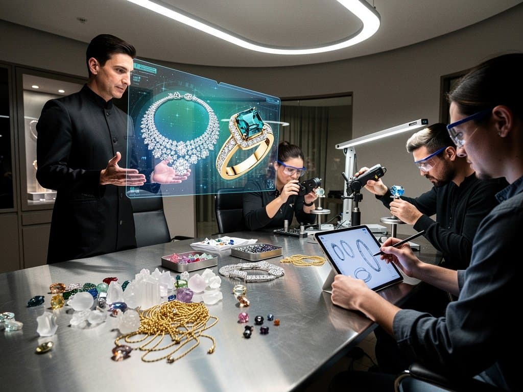 Holographic AI jewelry designs and prototypes in a high-tech lab with blockchain simulations