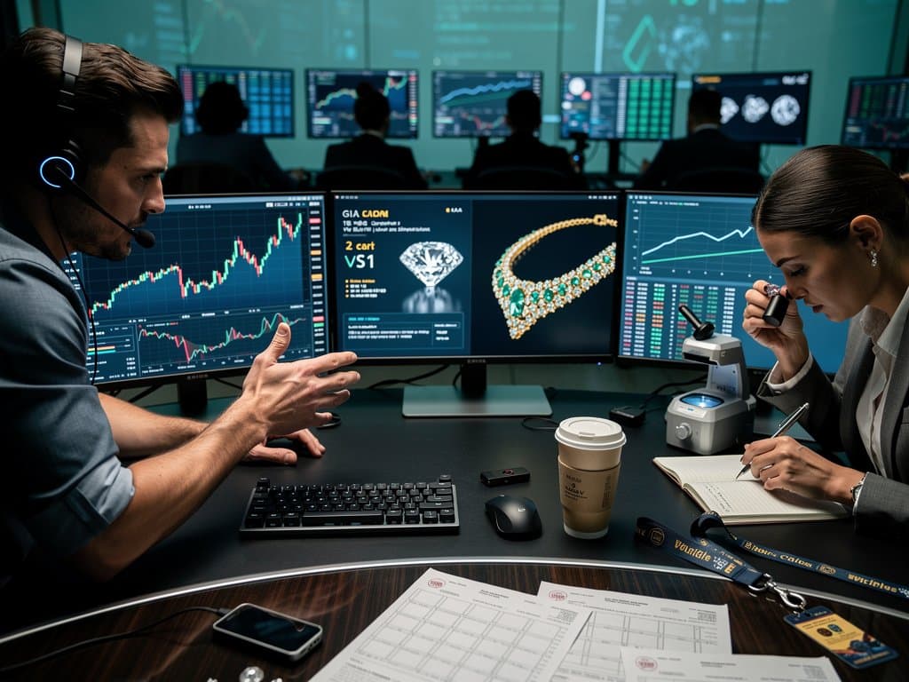 Trading desk screens show AI luxury jewelry valuation tools, BTC at $76K charts, and GIA gem reports in high-tech finance environment