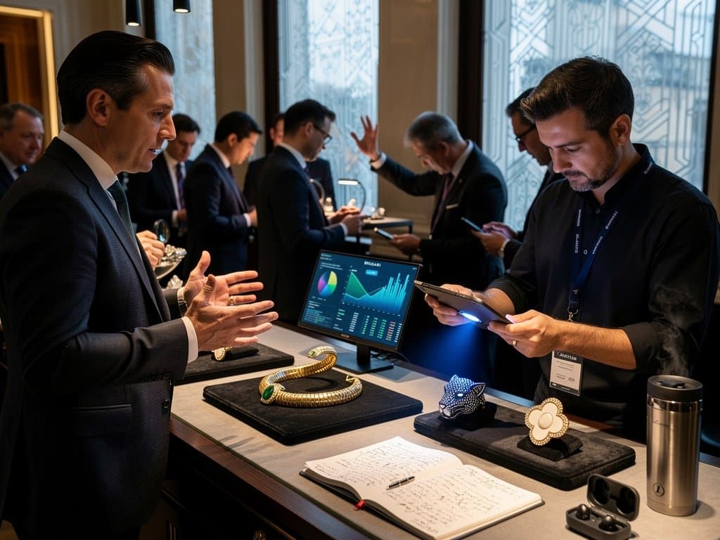 AI scanner verifies high-end jewelry authenticity in Christie's auction preview amid sparkling diamond displays