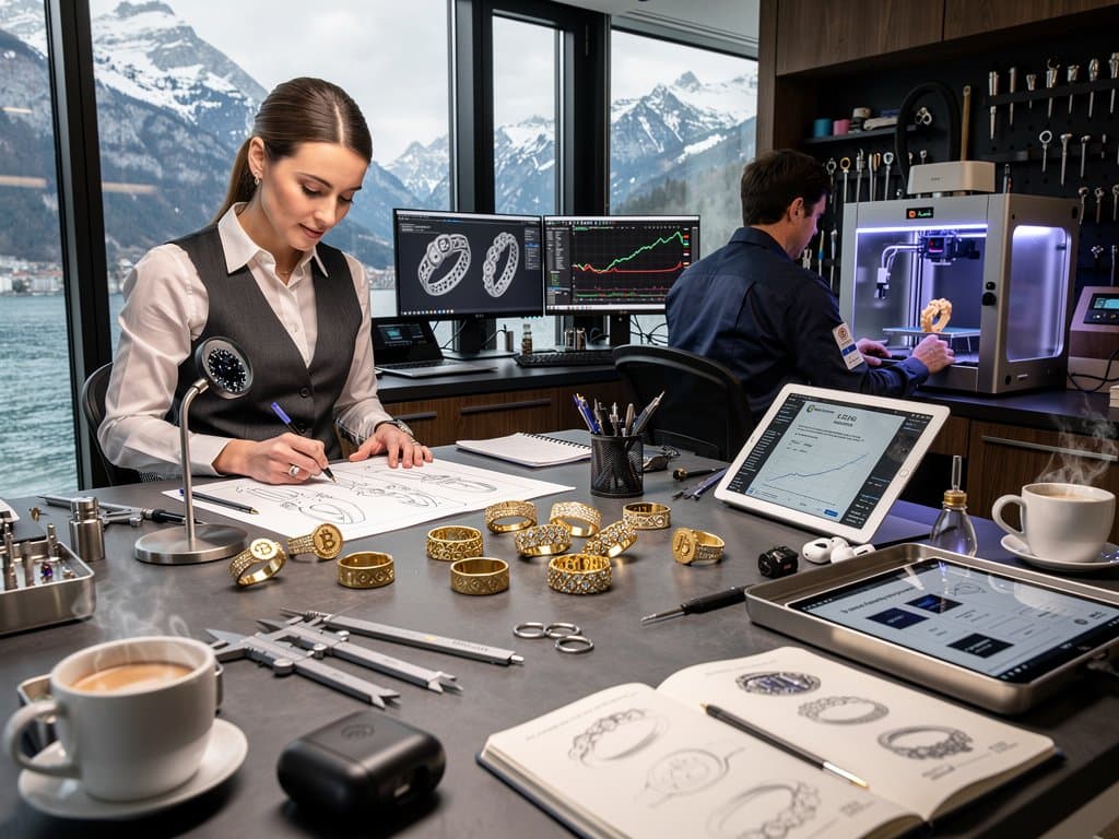 18k gold Bitcoin-engraved ring prototypes on atelier table, crypto charts on monitors, 3D printer, Lake Geneva view in luxury jewelry design studio