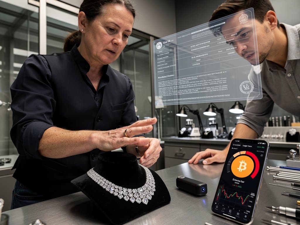 Pavé diamond necklace beside Ledger wallet and crypto charts on velvet, luxury jewelry security theme