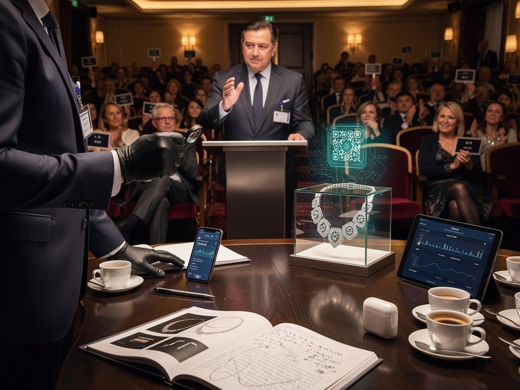 Blockchain-certified Cartier Panthère necklace at Christie's auction with crypto interfaces and luxury details