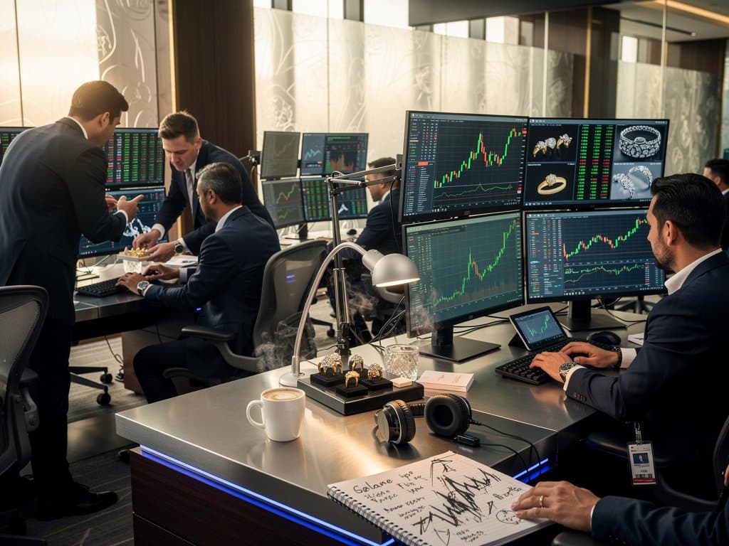 Traders analyze Solana price charts and luxury jewelry auctions on Bloomberg terminals