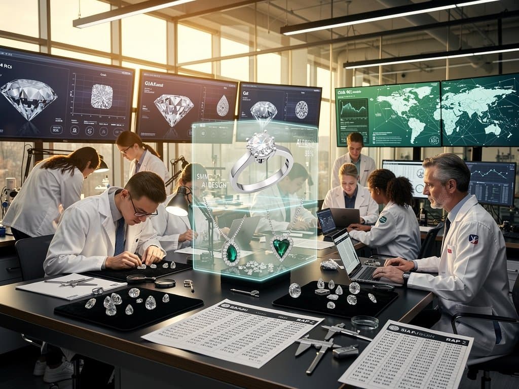 University lab scene with AI screens rendering optimized luxury bridal jewelry designs including diamond rings and necklaces in a high-tech workspace