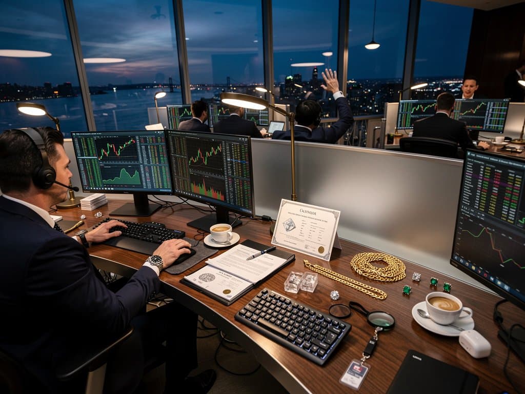 Trading floor desks with Bloomberg screens showing FIGR_HELOC $1.03, XRP $1.45 charts amid luxury elements like watches and jewelry
